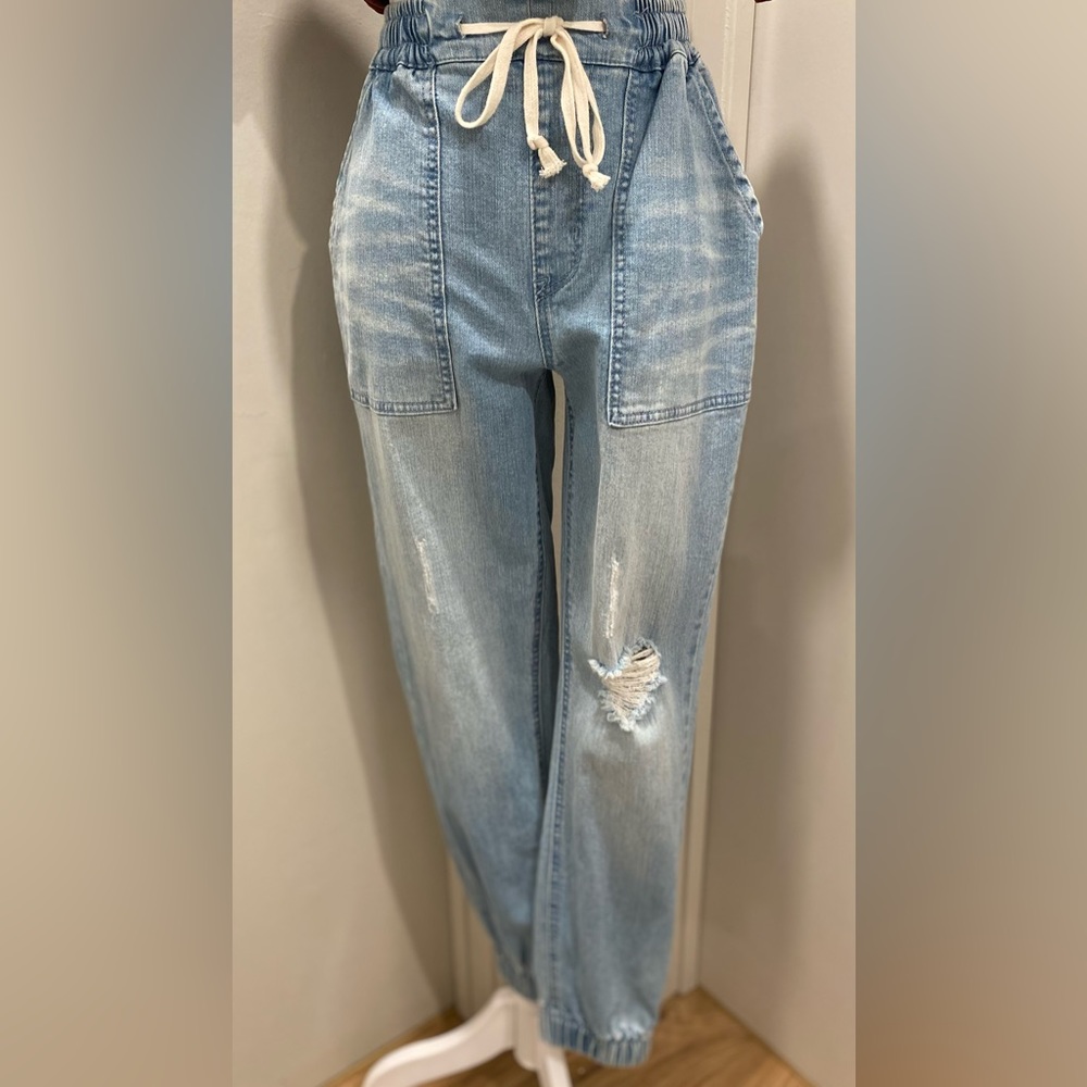 Forever21 F21 Light Blue Faded Distressed Ripped Denim Drawstring Pants Joggers